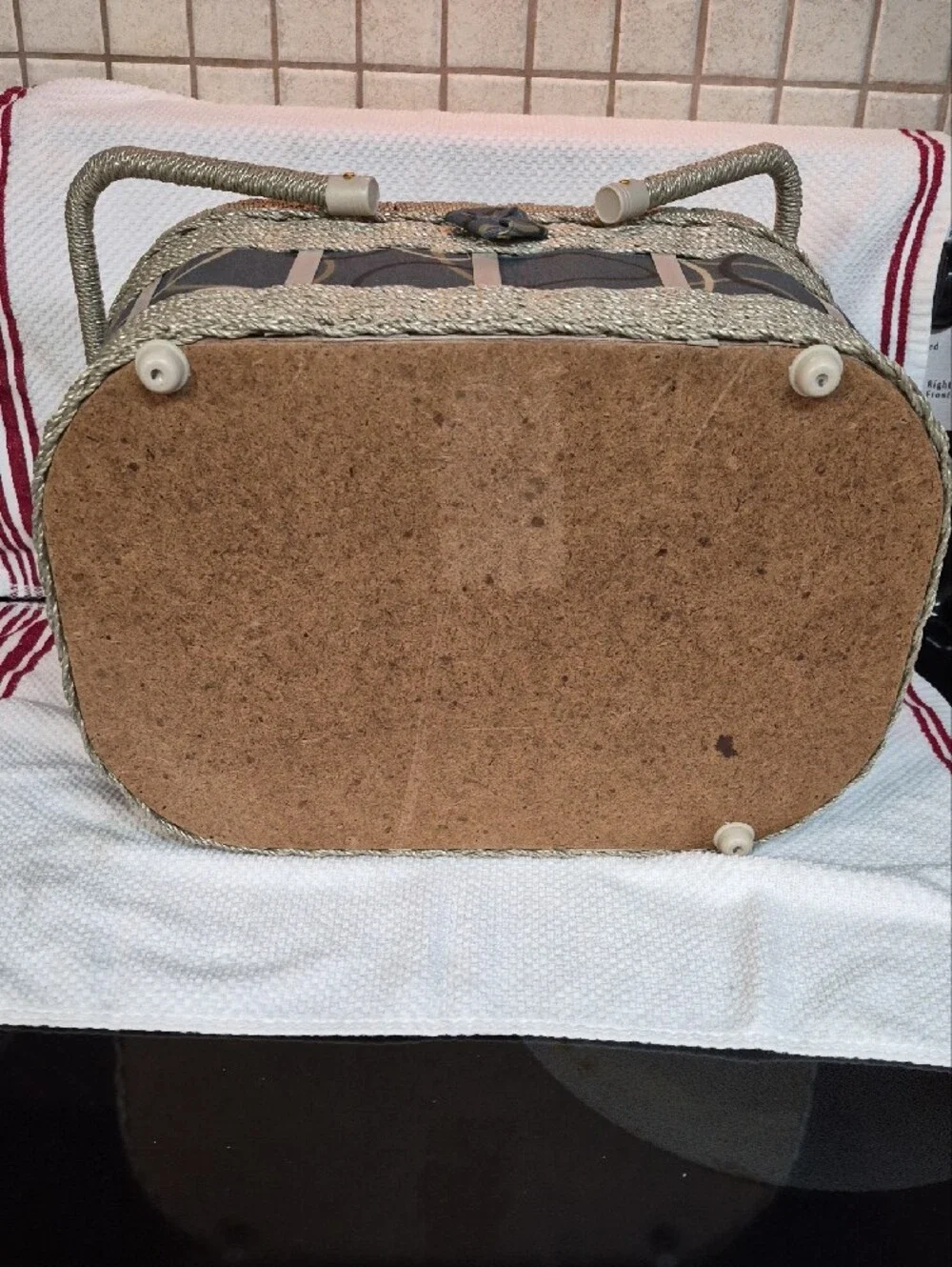 Woven Decorative Sewing Basket with Blue Pattern and Cream Trim Wooden Bottom